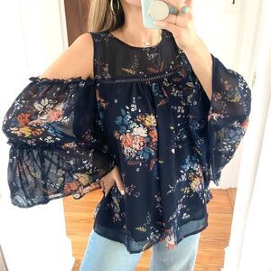 Lucky Brand Blouse Cold Shoulder Floral Blue Size Small